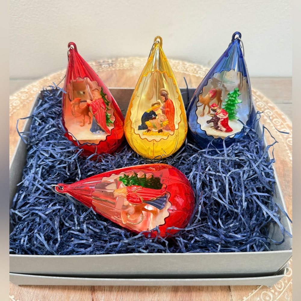 Vintage MCM Jewel Brite Nativity Diorama Christmas Ornaments Set of 4 1960s